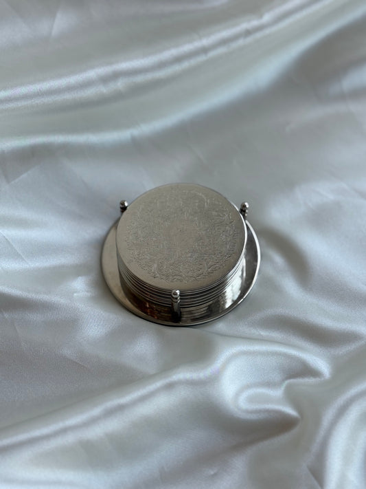 Vintage Silver Plated Engraved Coasters with Matching Holder – Set of Six