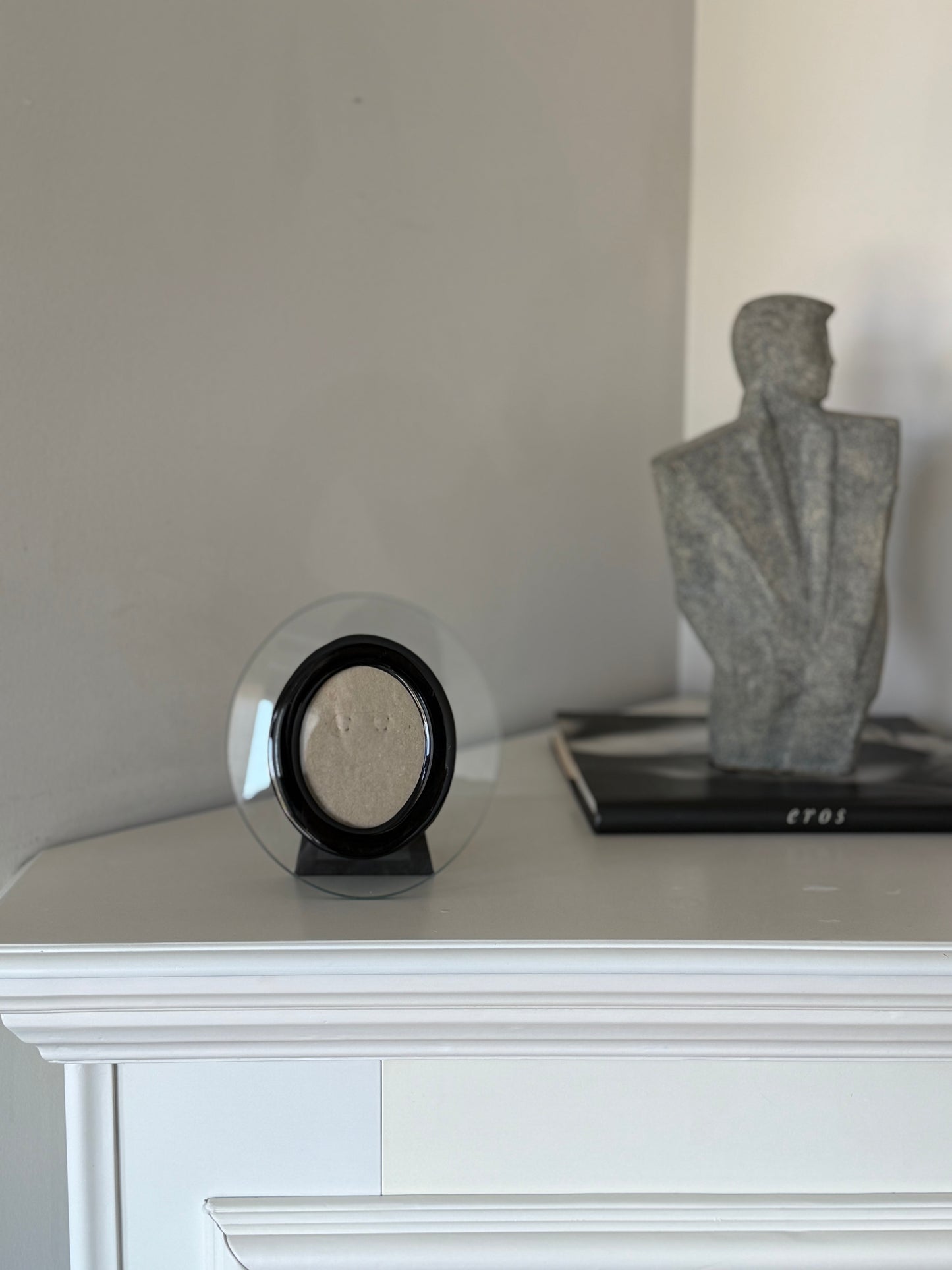 Vintage Postmodern Circular Glass & Black Oval Frame