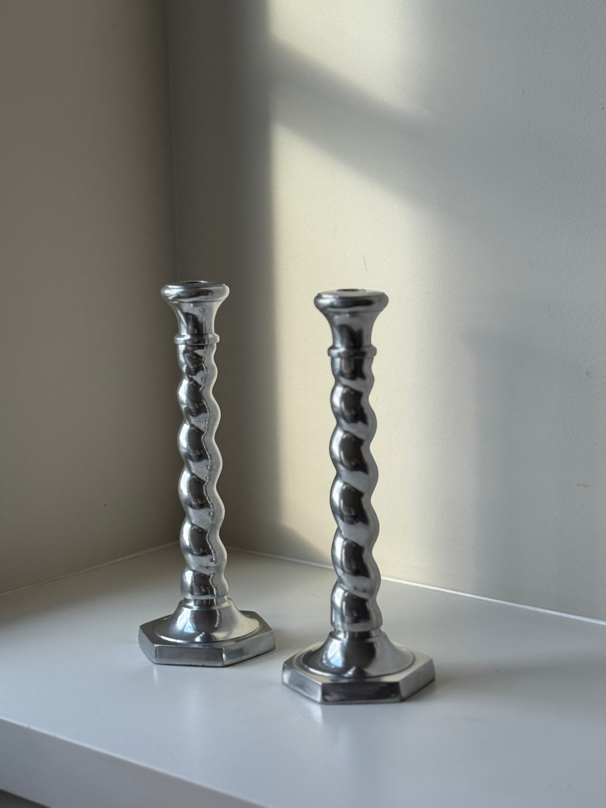 Pair of Vintage Postmodern Silver-Tone Barley Twist Candlesticks