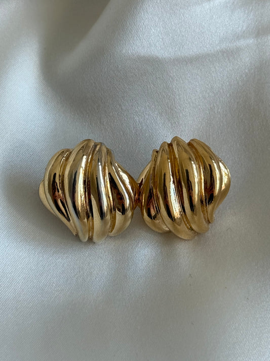 Vintage Gold-Tone Ribbed Dome Earrings