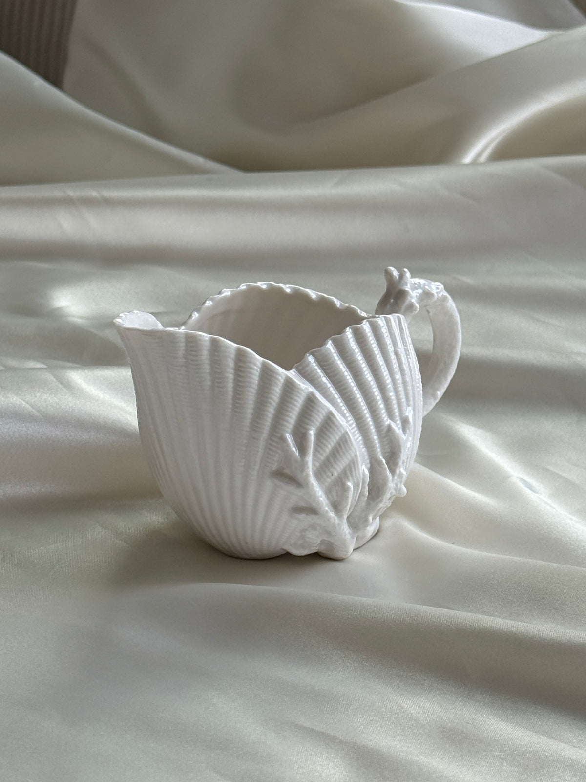 Vintage White Porcelain Shell Creamer with Seahorse Handle