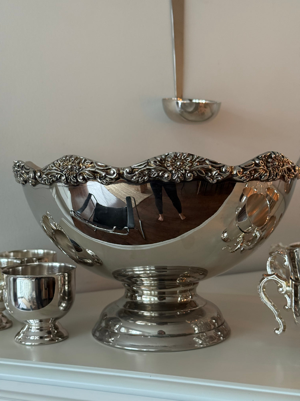 Vintage Silver-Plated Punch Bowl Set with 10 Hanging Cups & Ladle