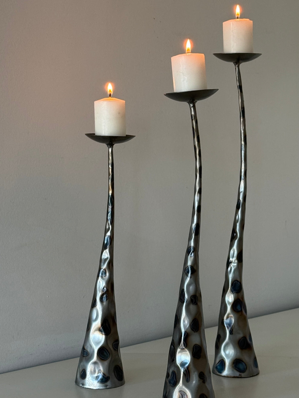 Vintage Brutalist Style Sculptural Metal Pillar Candle Holders – Set of Three
