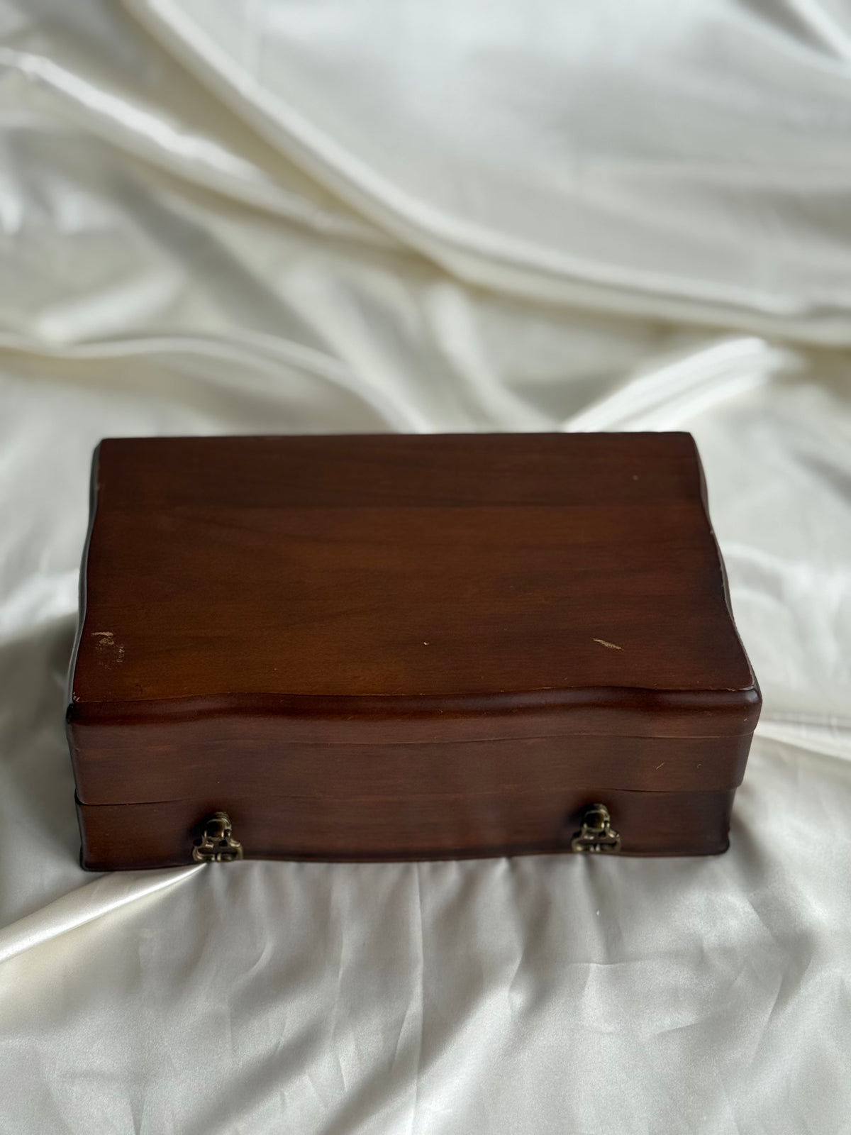 Vintage Wooden Jewelry Box with Red Velvet Interior