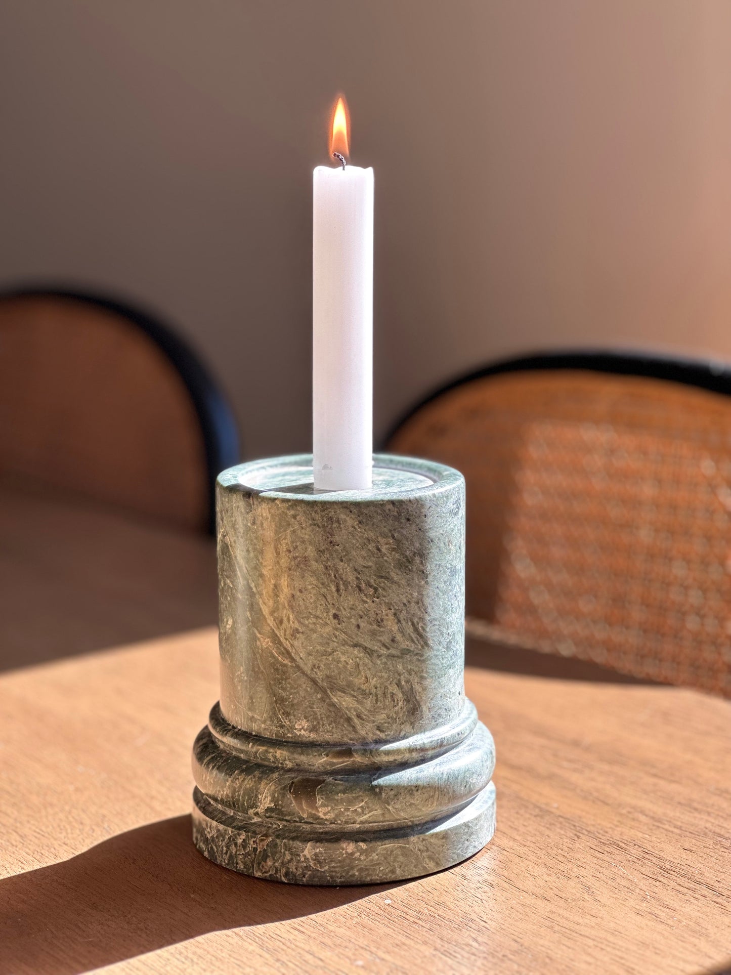 Green marble column candleholder