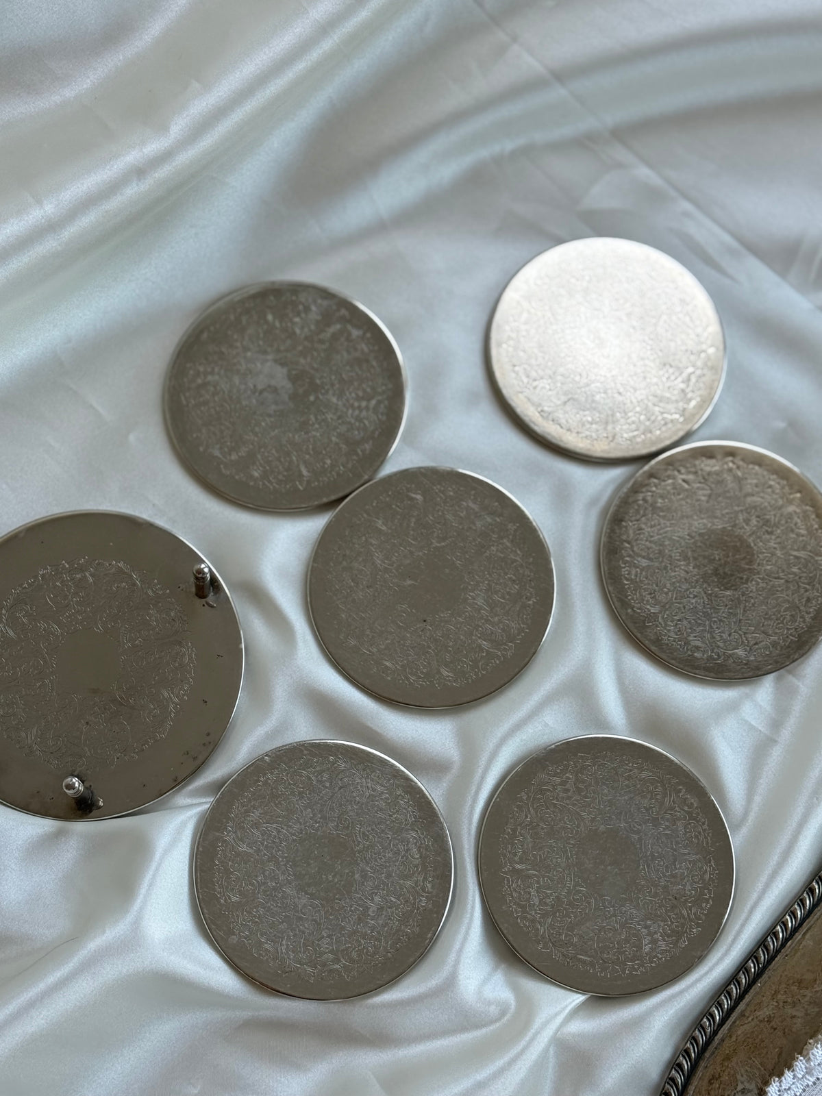 Vintage Silver Plated Engraved Coasters with Matching Holder – Set of Six