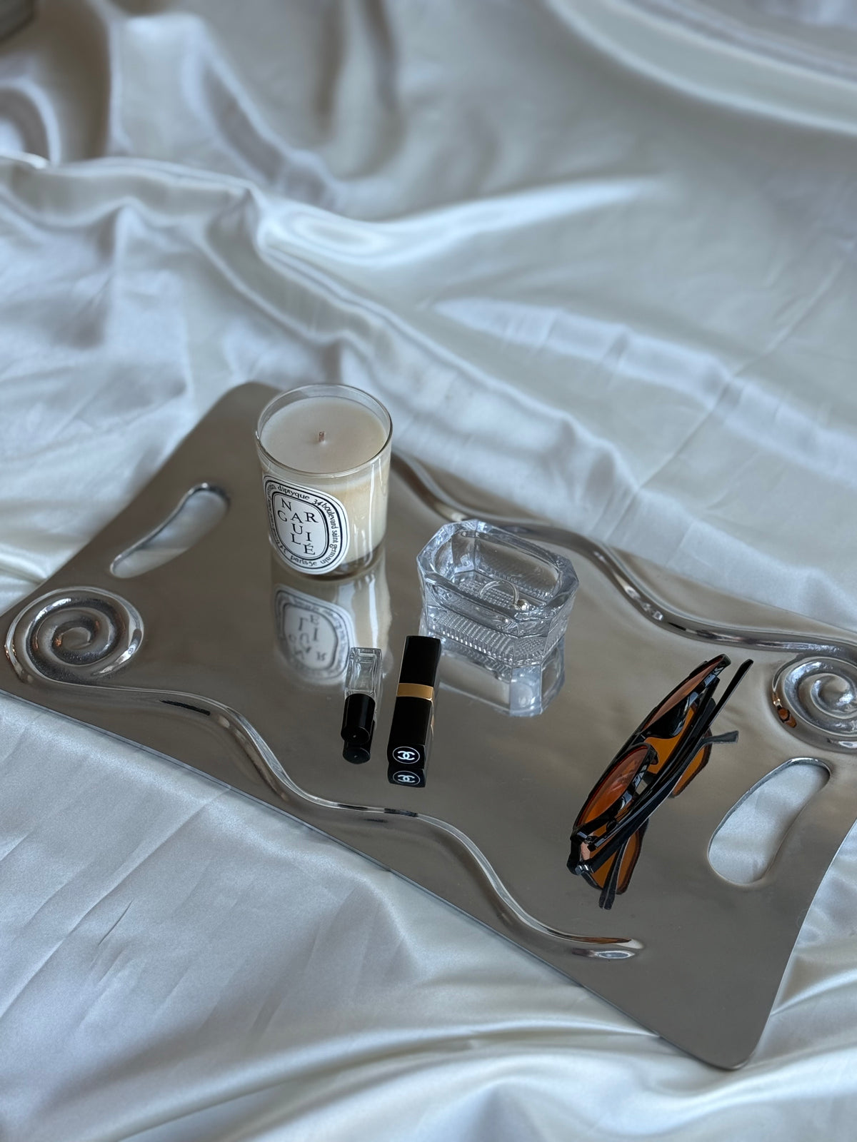 Vintage Sculptural Pewter Serving Tray – Modernist Wave & Spiral Design