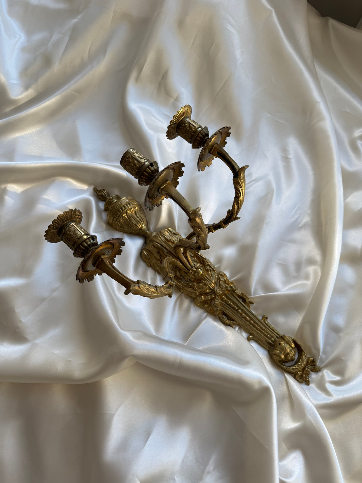 Antique French Solid Brass Three-Arm Wall Sconce, Louis XVI Revival