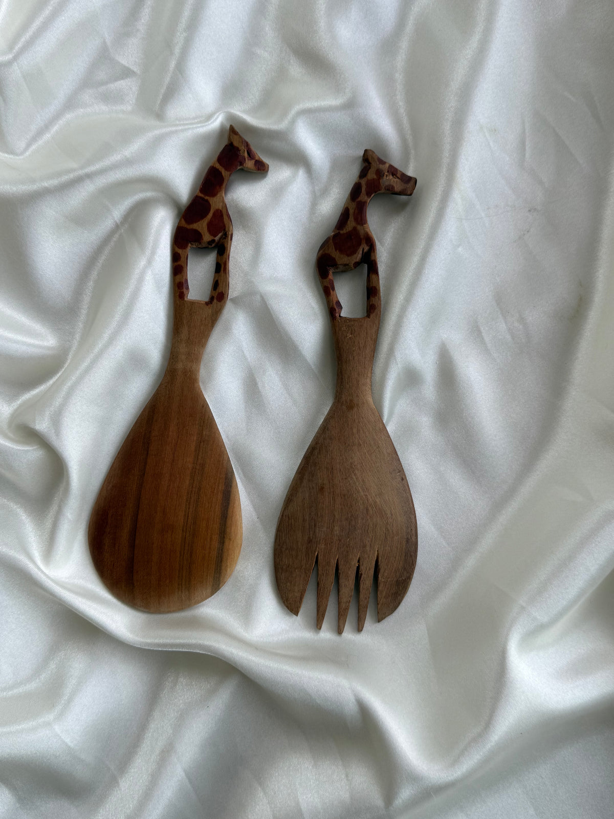 Vintage Hand-Carved Wooden Giraffe Salad Servers – Set of 2