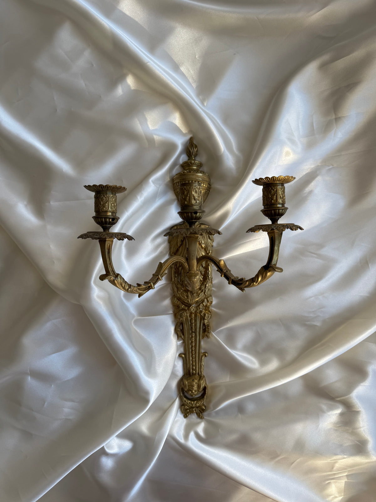 Antique French Solid Brass Three-Arm Wall Sconce, Louis XVI Revival