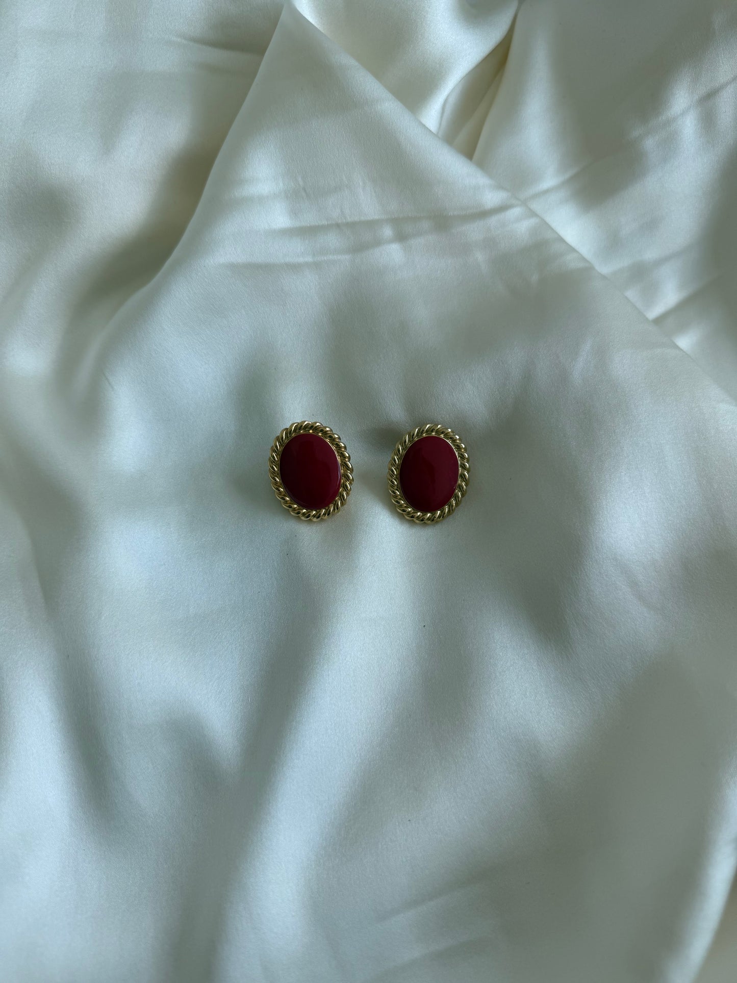 Vintage Gold Tone Oval Earrings with Burgundy Enamel