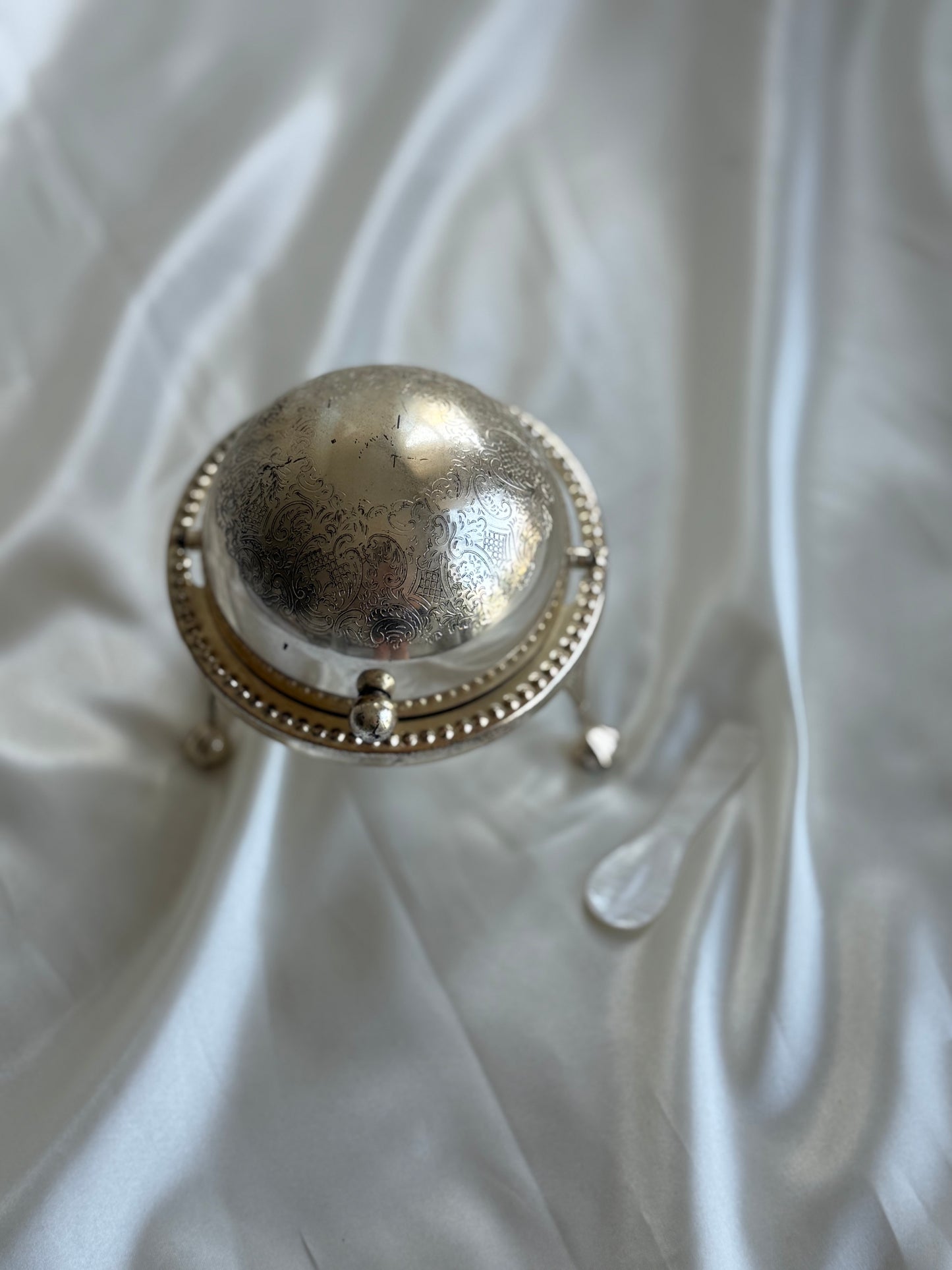 Vintage English Silver Plated Caviar Server with Frosted Glass Insert & Mother of Pearl Spoon