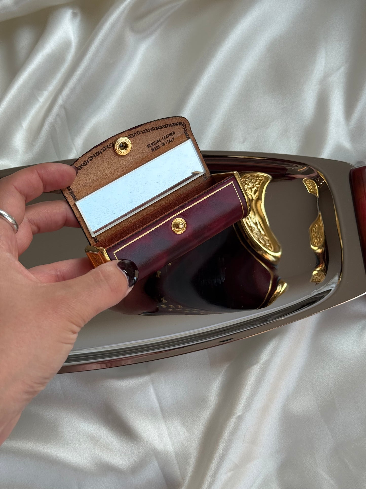 Vintage Italian Genuine Leather Lipstick Case with Mirror