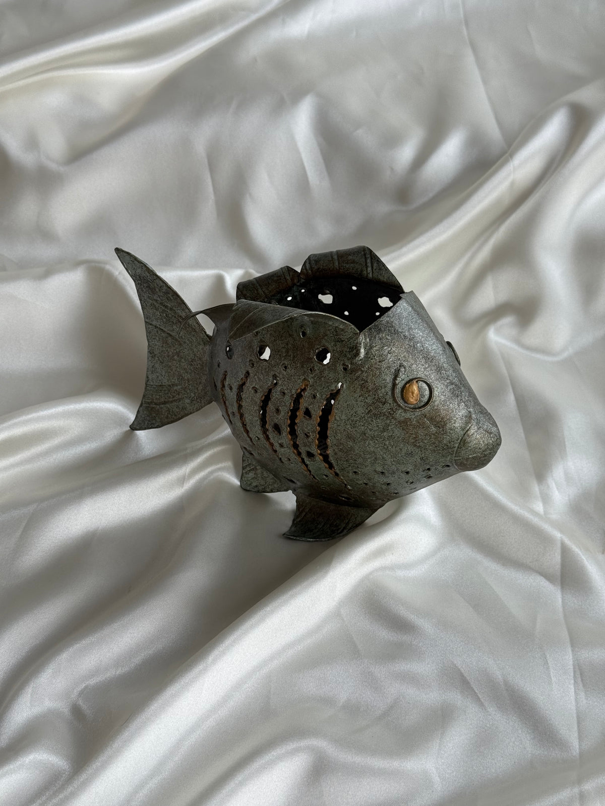 Vintage Pierced Metal Fish Candle Holder
