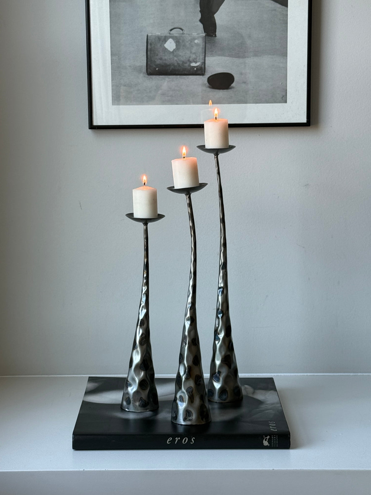 Vintage Brutalist Style Sculptural Metal Pillar Candle Holders – Set of Three
