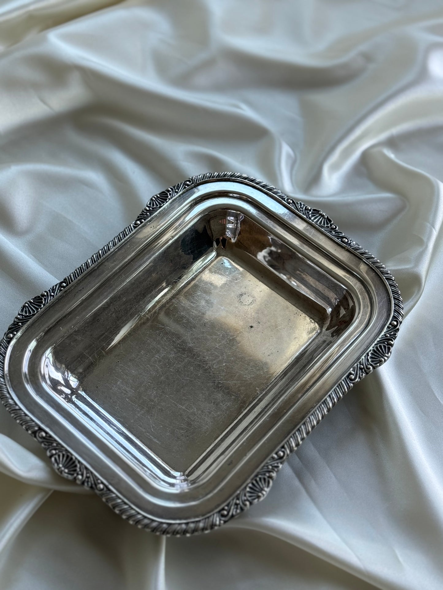 Vintage Heavy Silver-Plated Serving Tray with Shell Detail