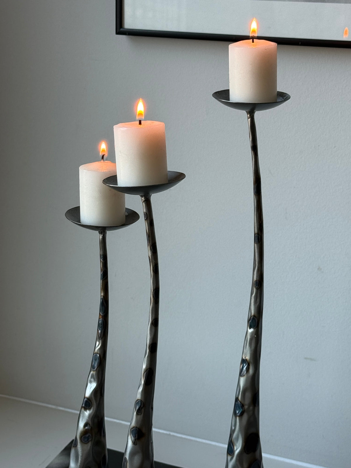 Vintage Brutalist Style Sculptural Metal Pillar Candle Holders – Set of Three