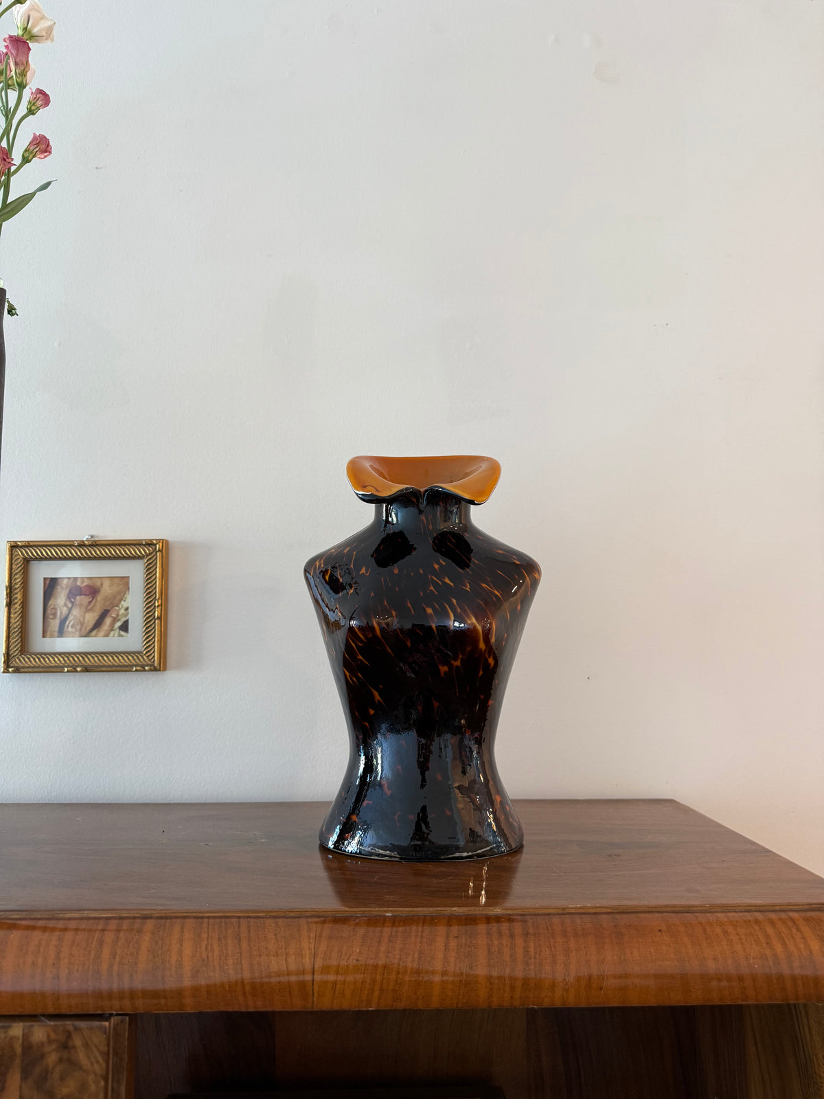 Vintage Tortoiseshell Art Glass Female Torso Vase