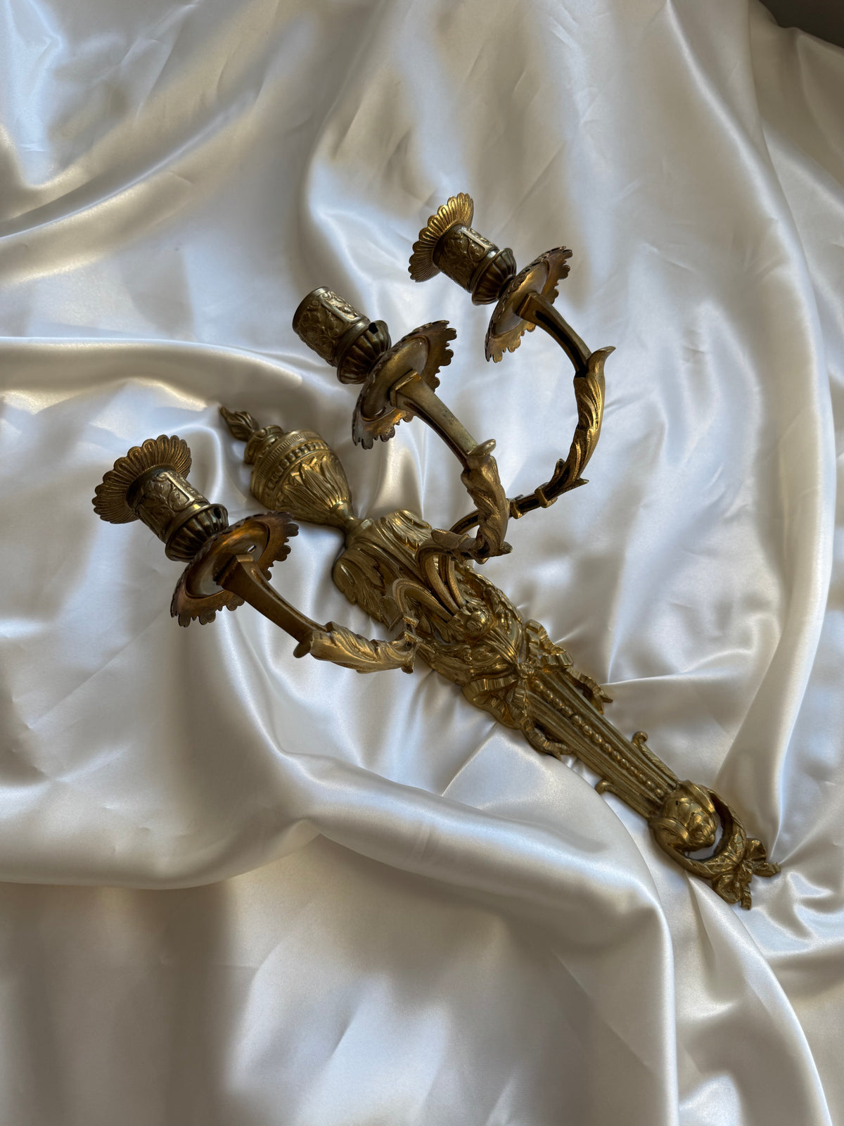 Antique French Solid Brass Three-Arm Wall Sconce, Louis XVI Revival