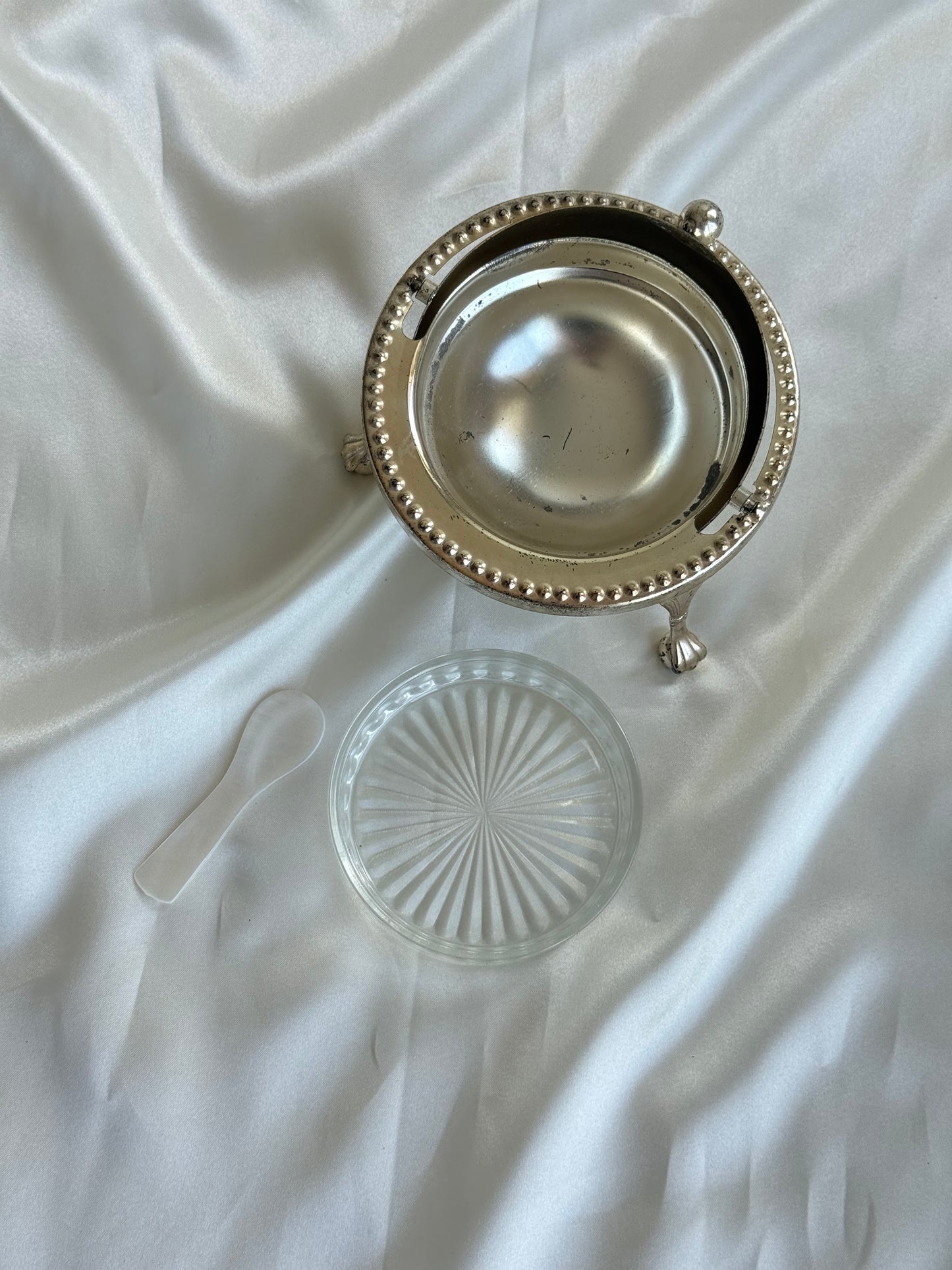 Vintage English Silver Plated Caviar Server with Frosted Glass Insert & Mother of Pearl Spoon
