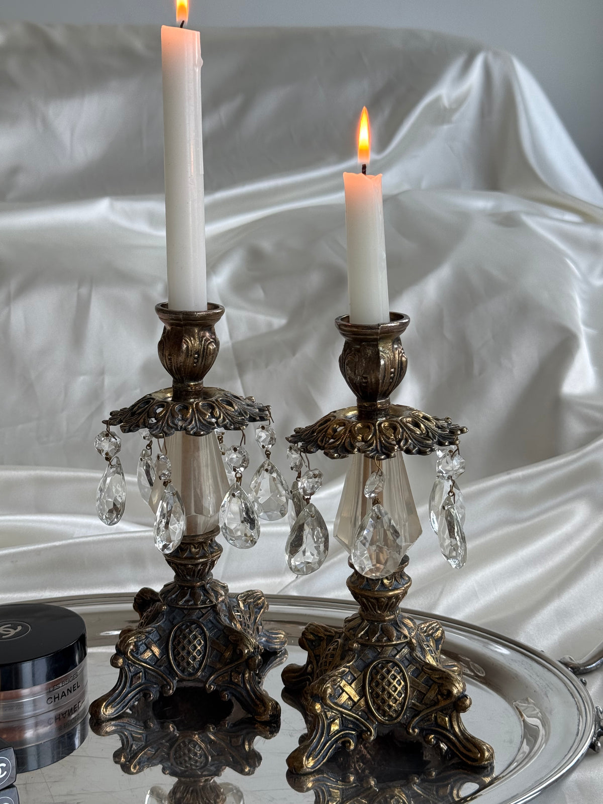 Vintage Hollywood Regency Crystal Prism Candlesticks – Pair