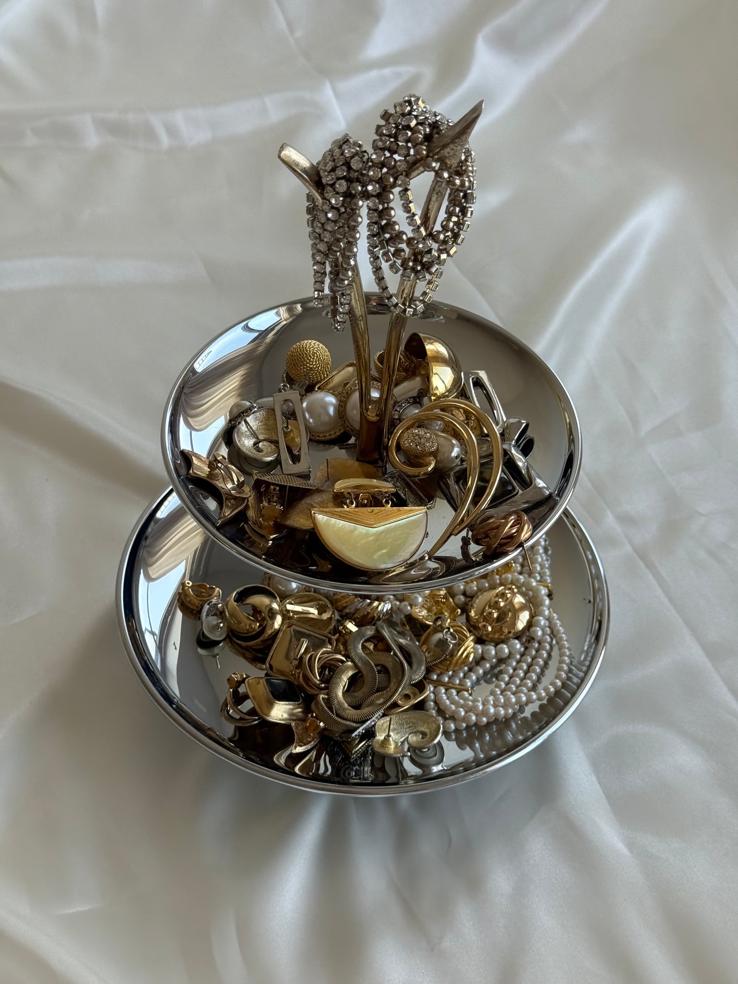Vintage Two-Tier Chrome Jewelry Stand / Serving Tray