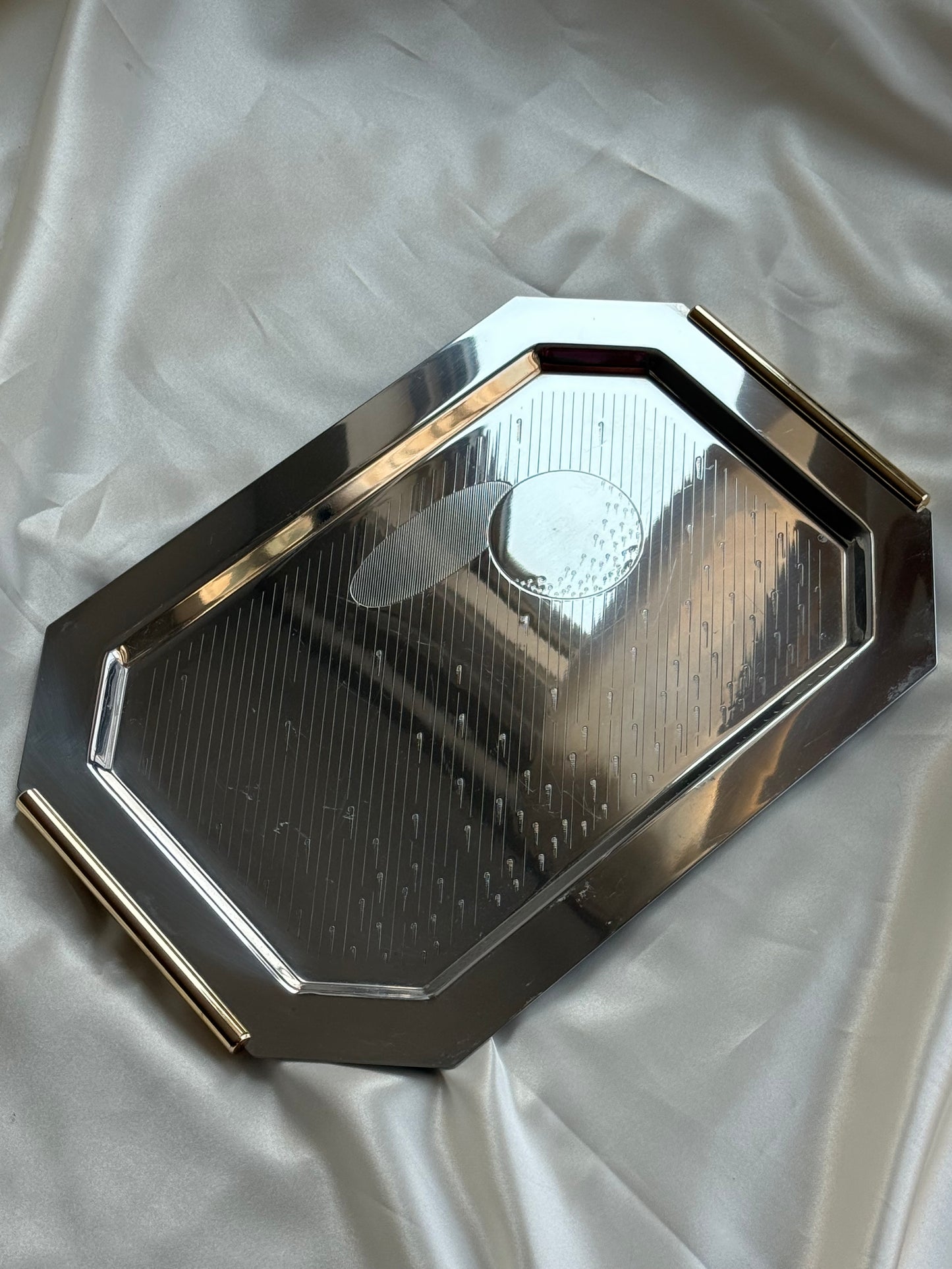 Vintage Italian Stainless Steel & Brass Serving Tray