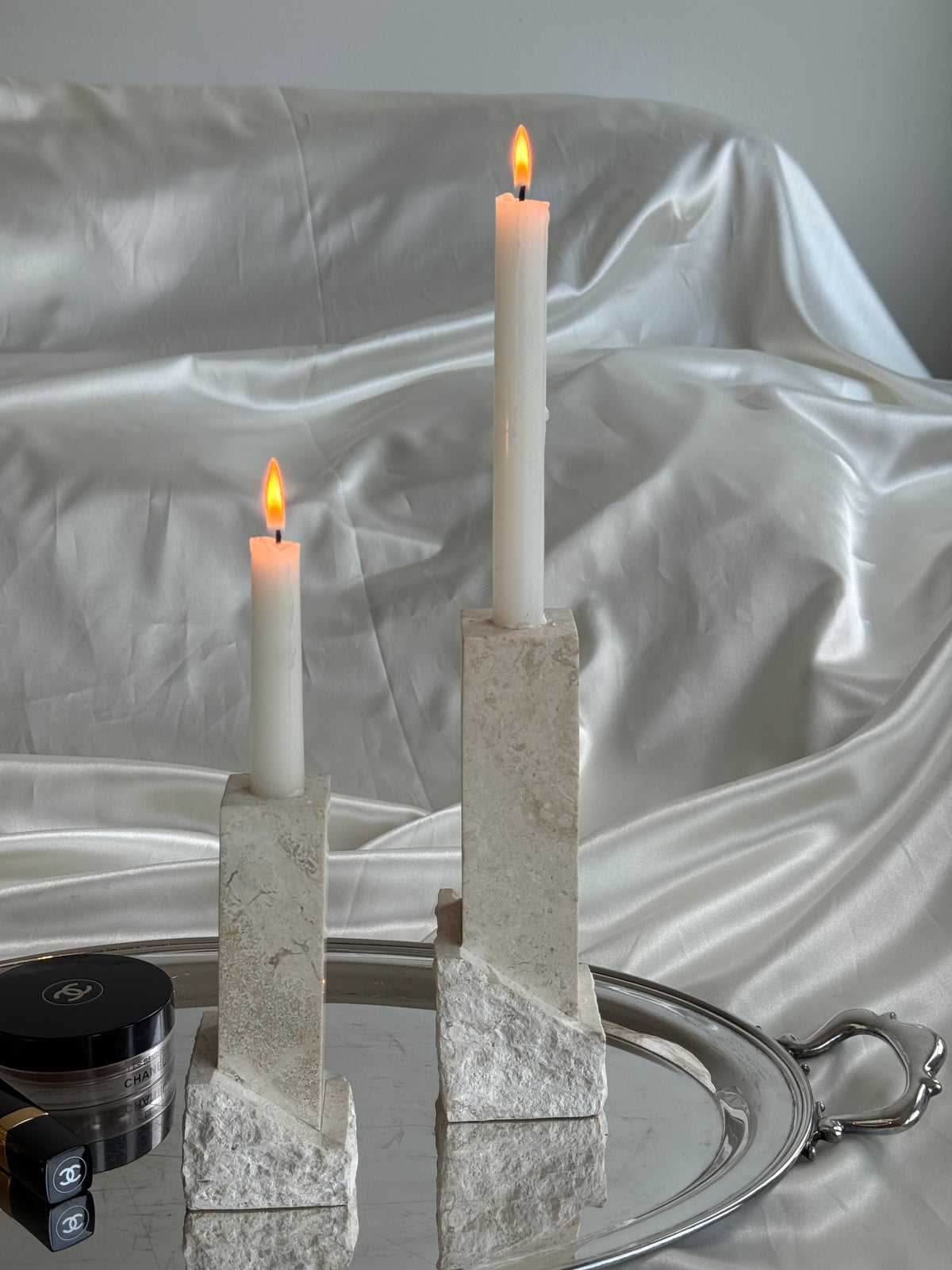 Vintage Renoir Designs Sculptural Travertine Candle Holders – Set of 2