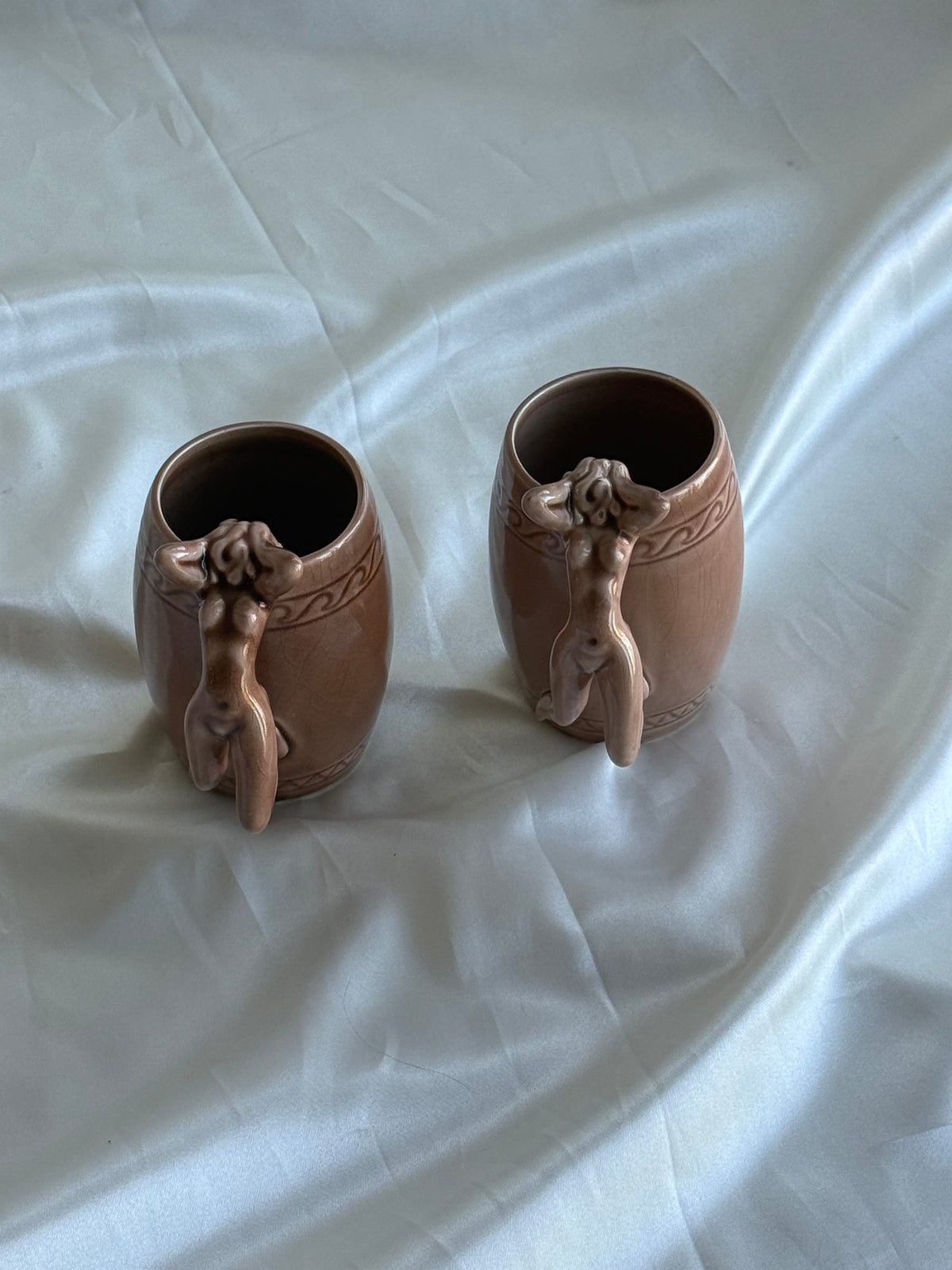 Vintage 1970s Japanese Ceramic Nude Woman Handle Mugs – Set of Two