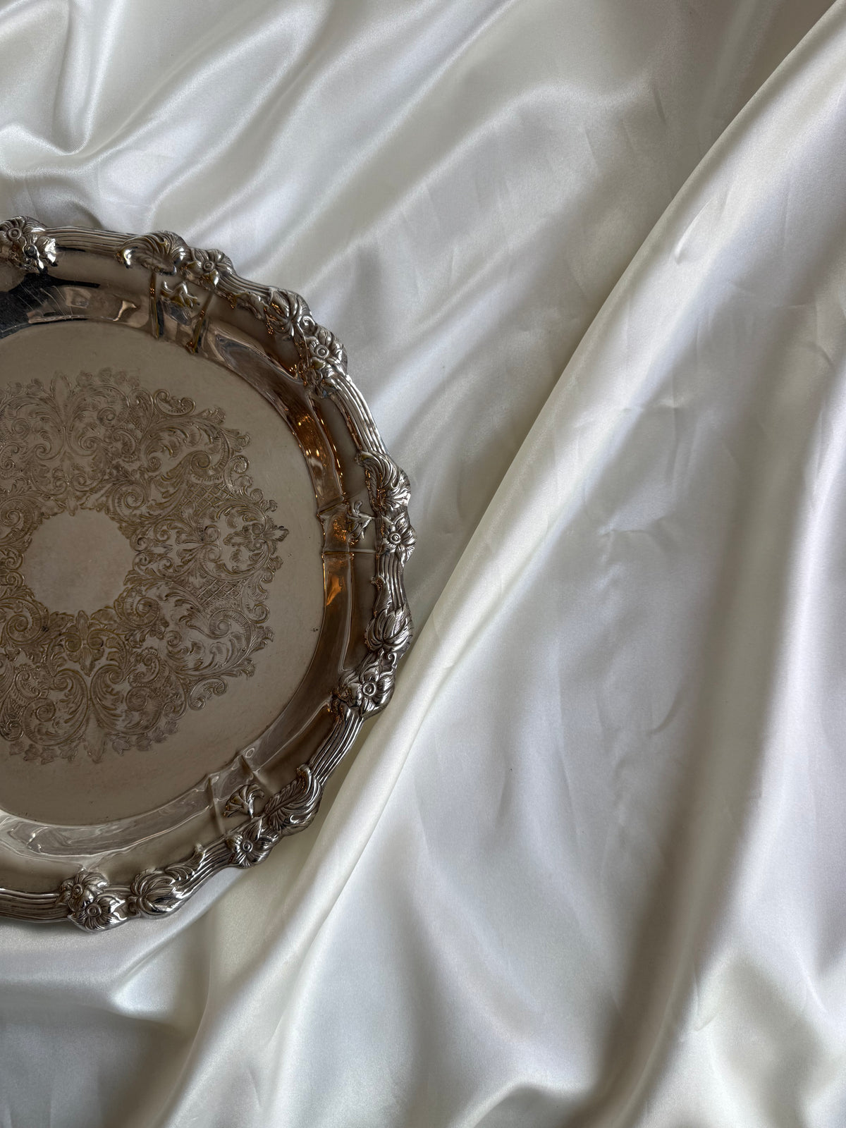 Vintage Ornate Silver Plated Round Serving Tray