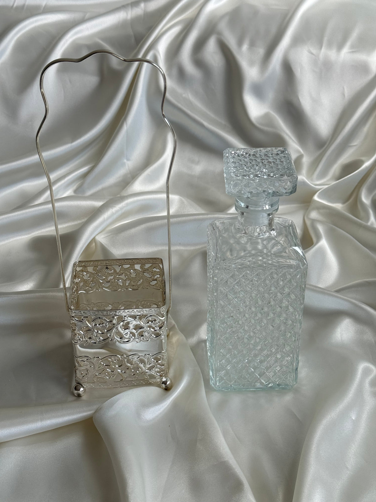 Vintage Italian Pressed Glass Decanter with Silver-Plated Caddy