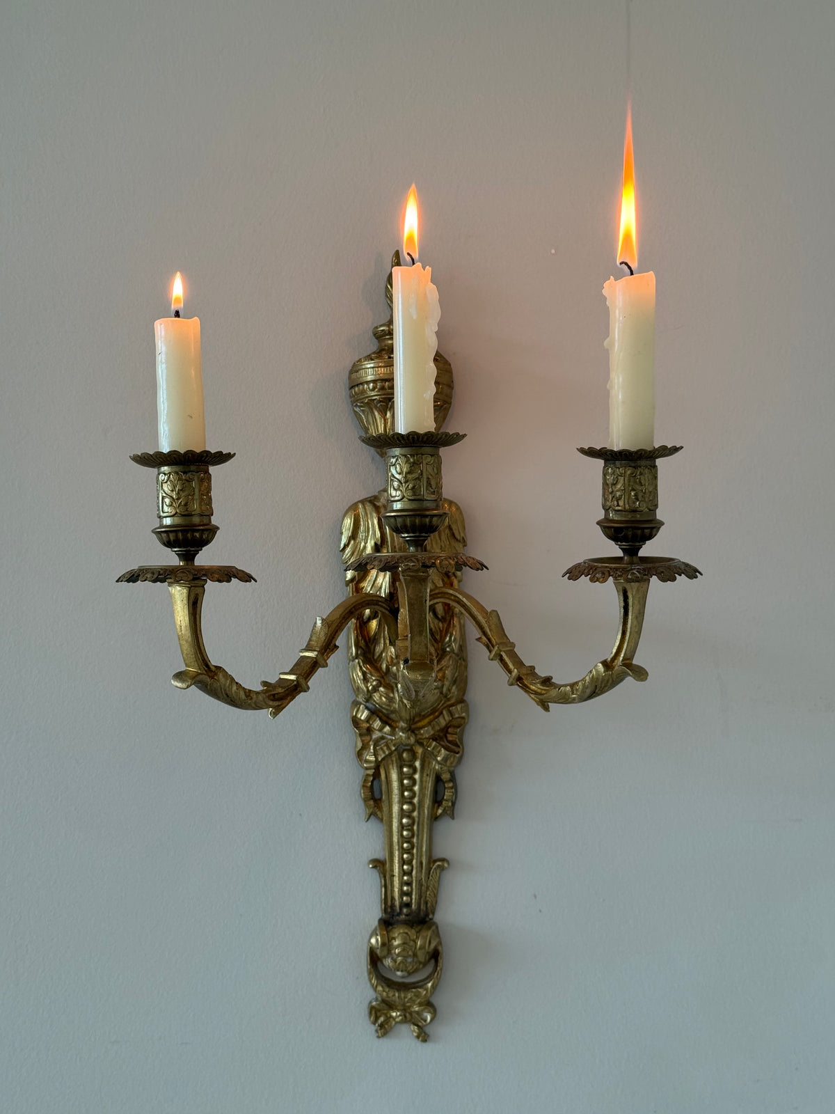 Antique French Solid Brass Three-Arm Wall Sconce, Louis XVI Revival