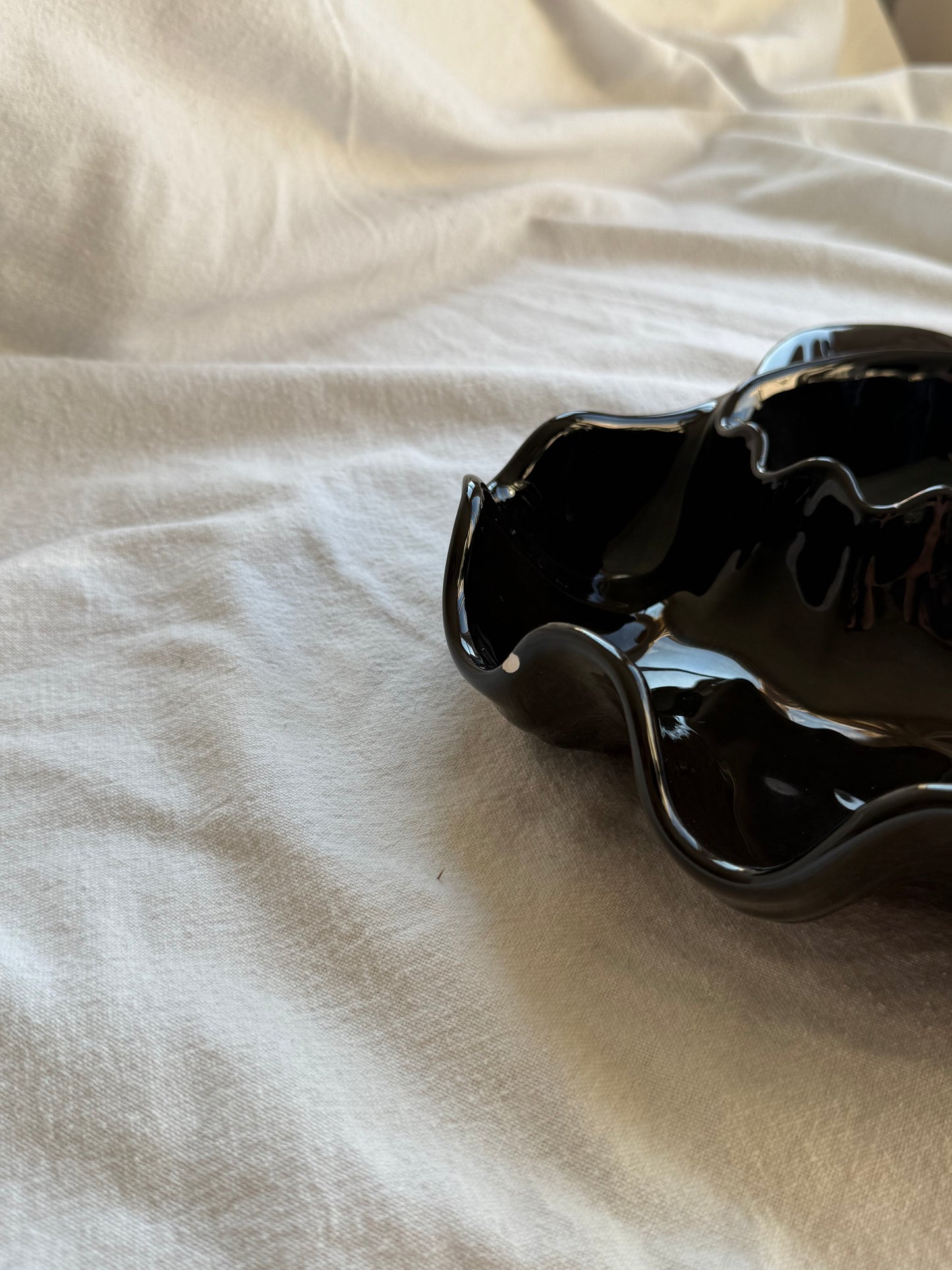 Vintage Black Ceramic Ruffled Serving Dish