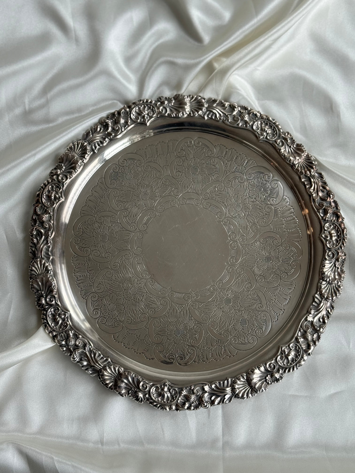 Vintage Ornate Silver-Plated Round Serving Tray | Floral Engraving