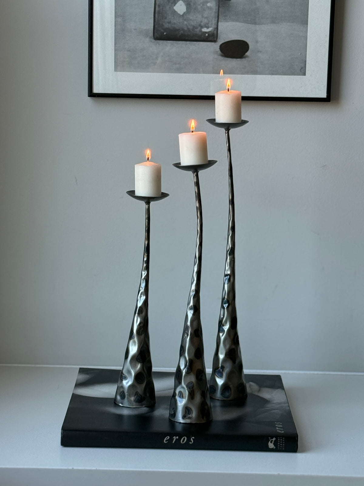 Vintage Brutalist Style Sculptural Metal Pillar Candle Holders – Set of Three