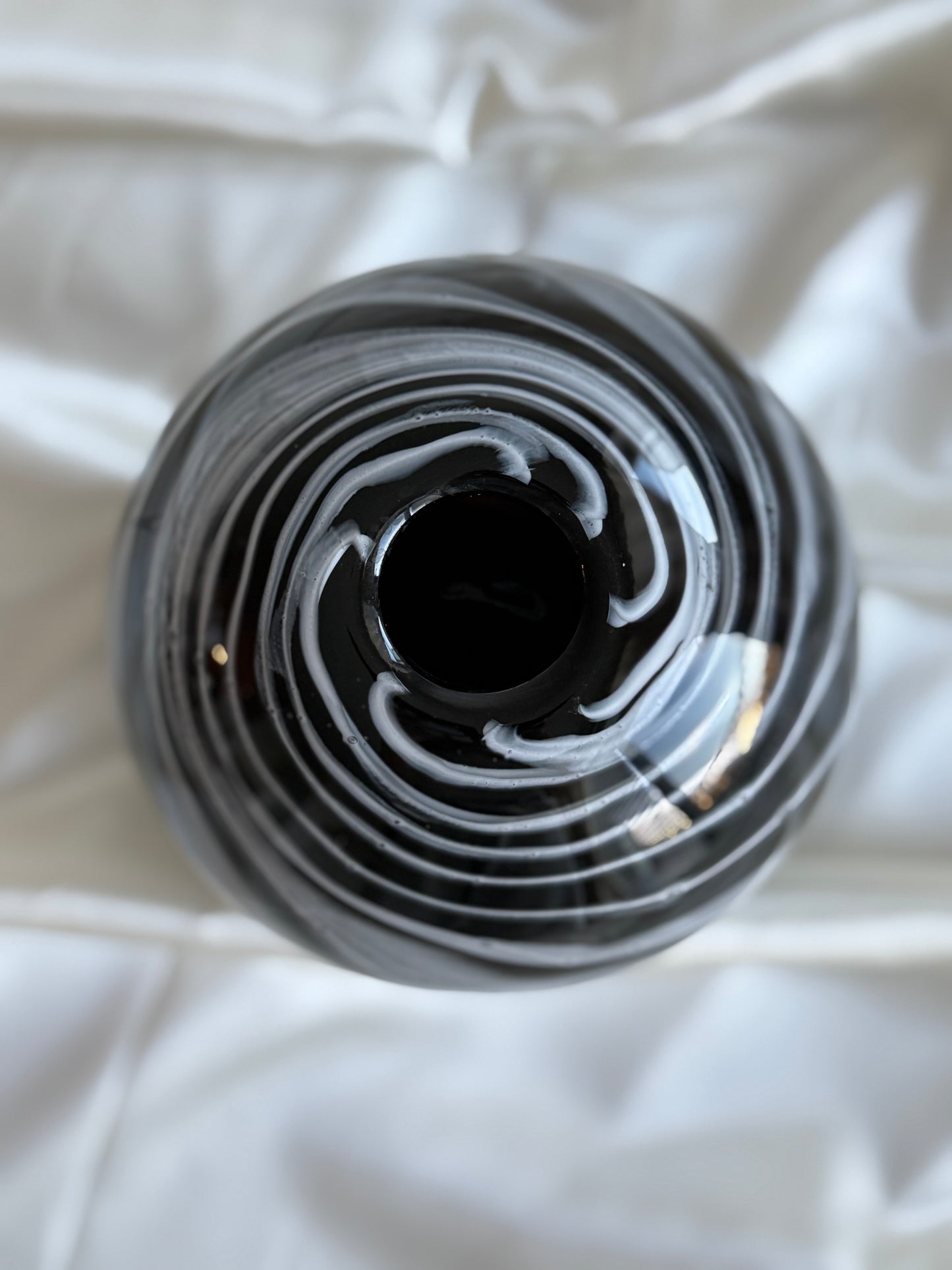 Vintage Hand-Blown Black & White Swirl Glass Vase