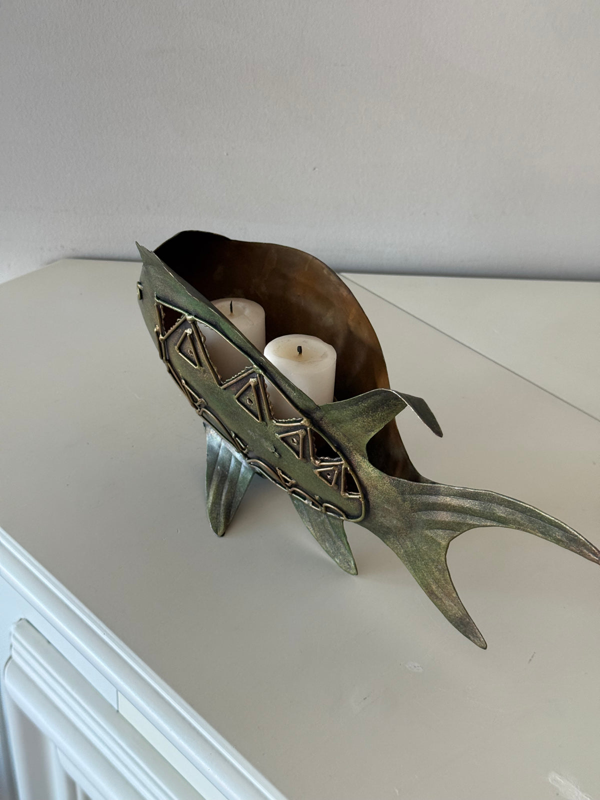 Vintage Metal Fish Candle Holder Sculpture