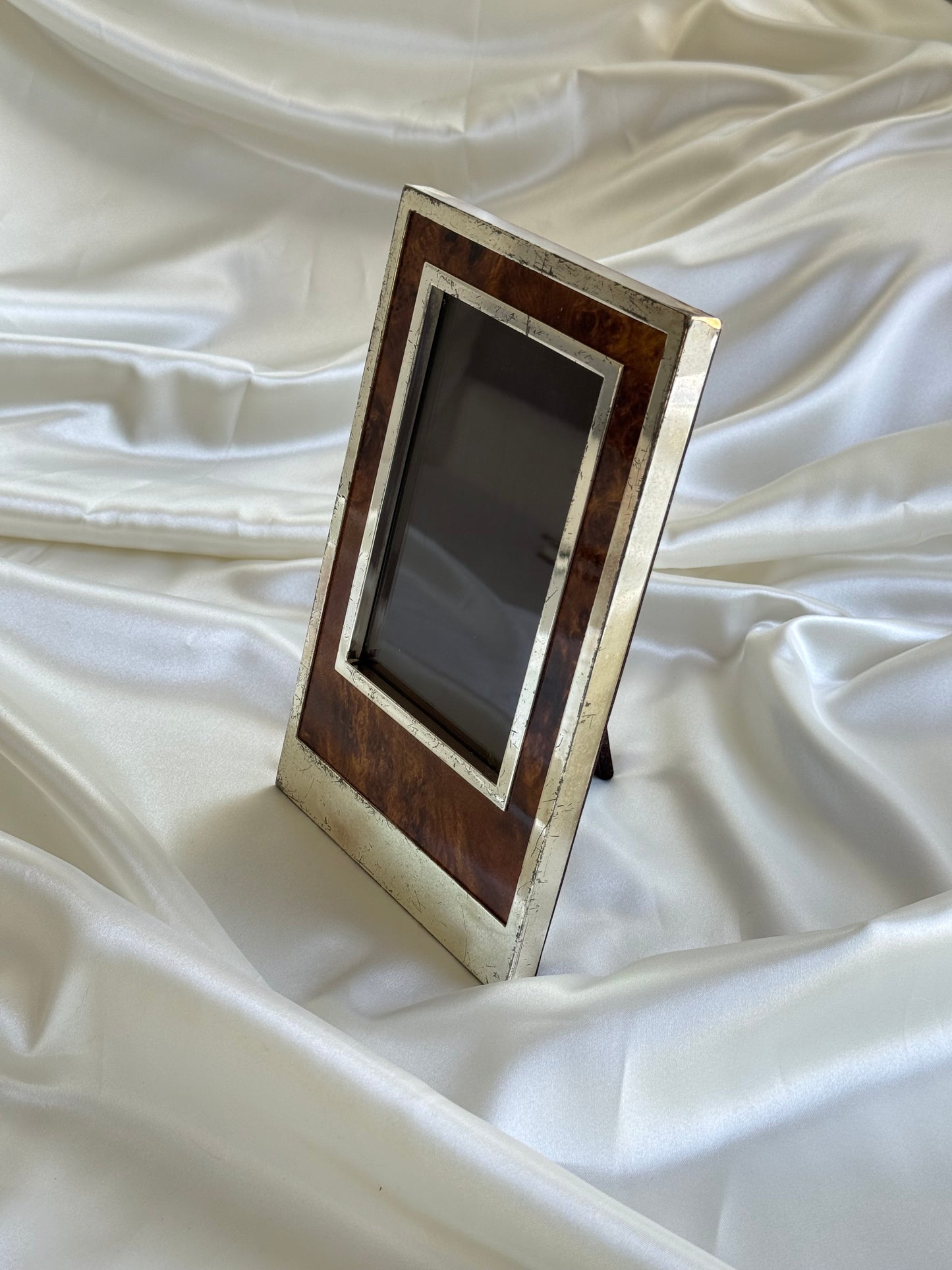 Vintage Burl Wood & Silver Tone Picture Frame