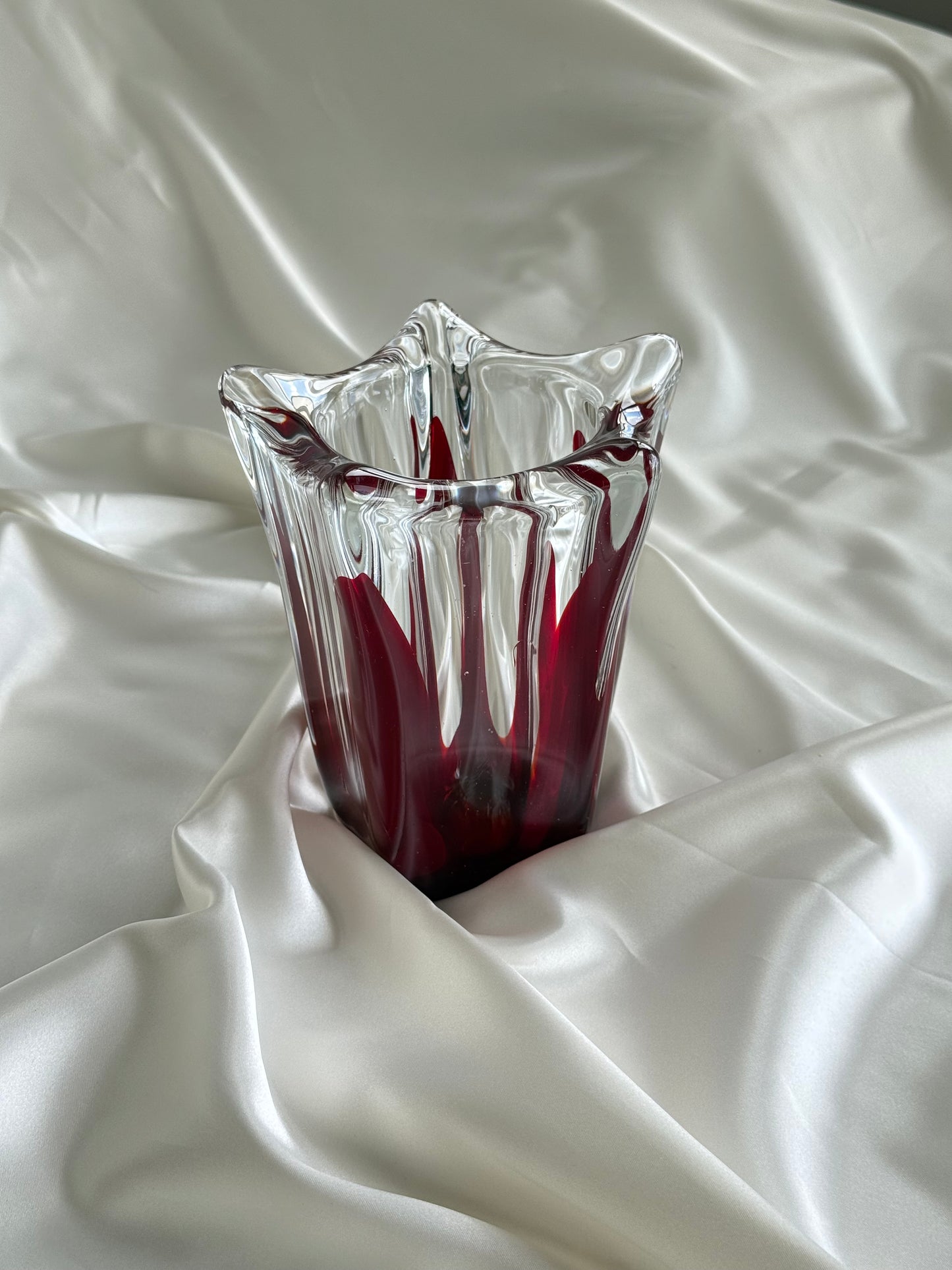 Vintage Murano Style Art Glass Vase – Red & Clear Sculptural Form
