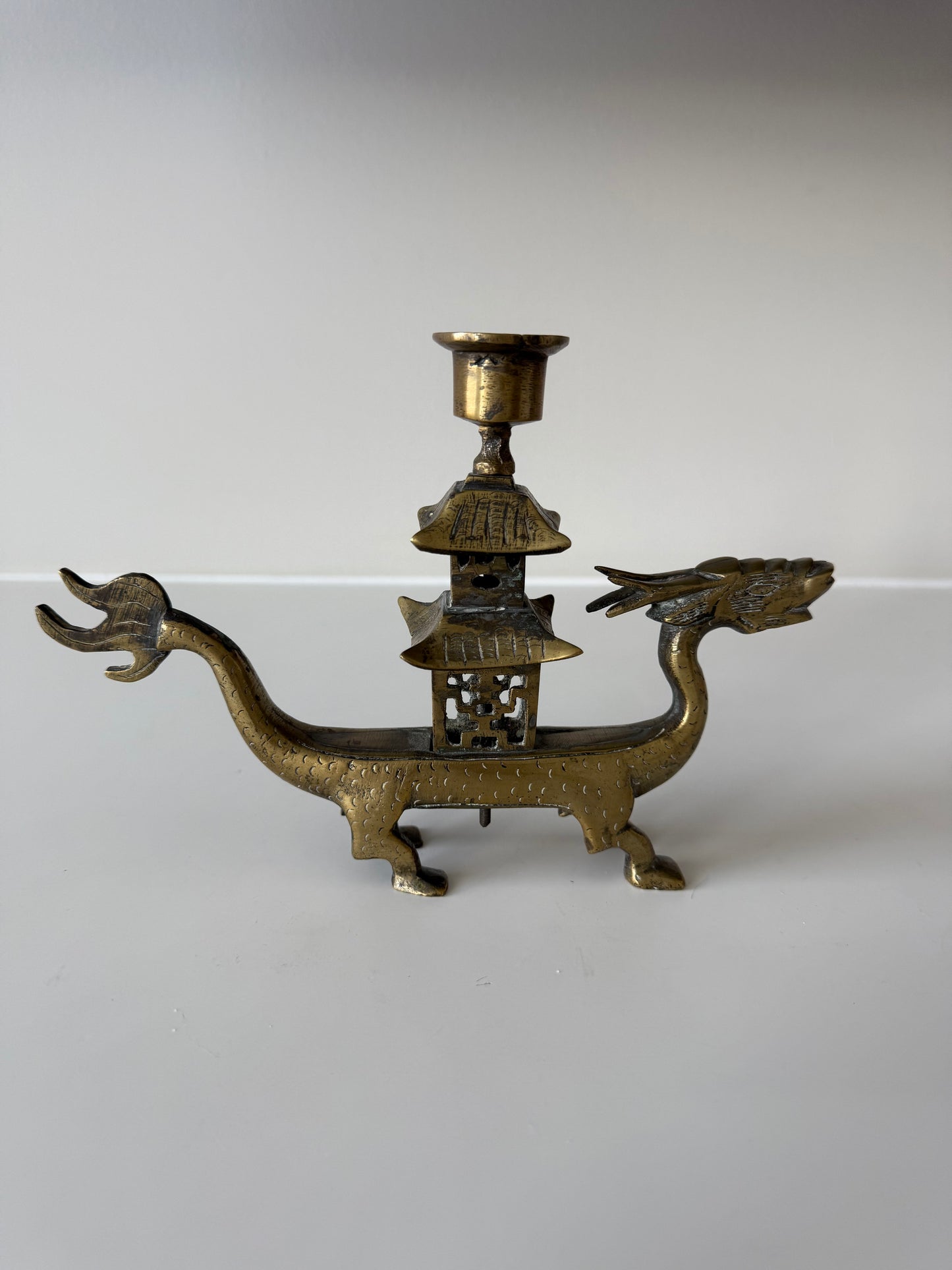 Vintage Chinoiserie Brass Dragon Boat & Pagoda Candlestick
