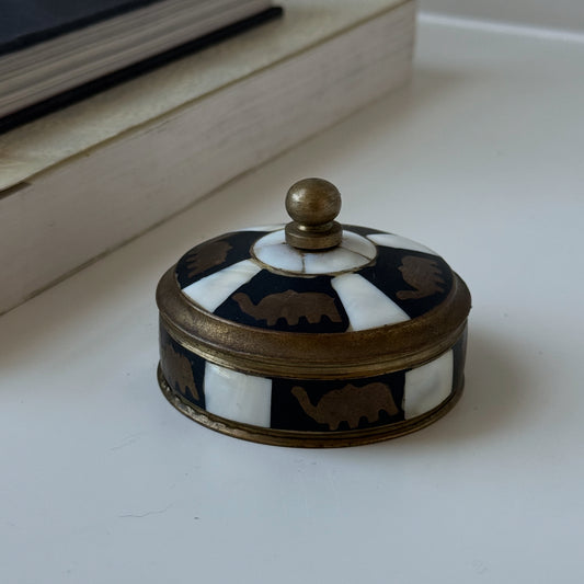 Vintage Brass & Inlay Elephant Trinket Box