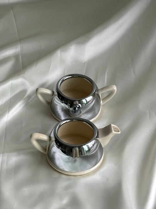 Vintage Everhot English Chrome & Ceramic Cream and Sugar Set