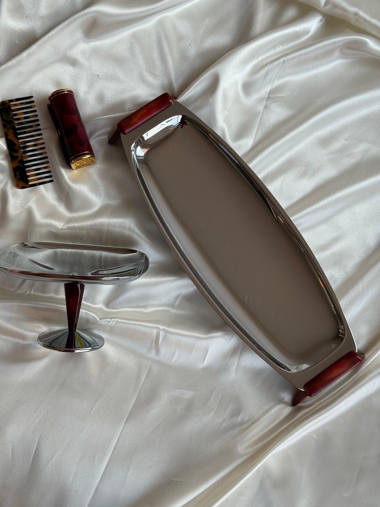 Vintage MCM-Style Chrome Serving Set with Tortoiseshell Accents
