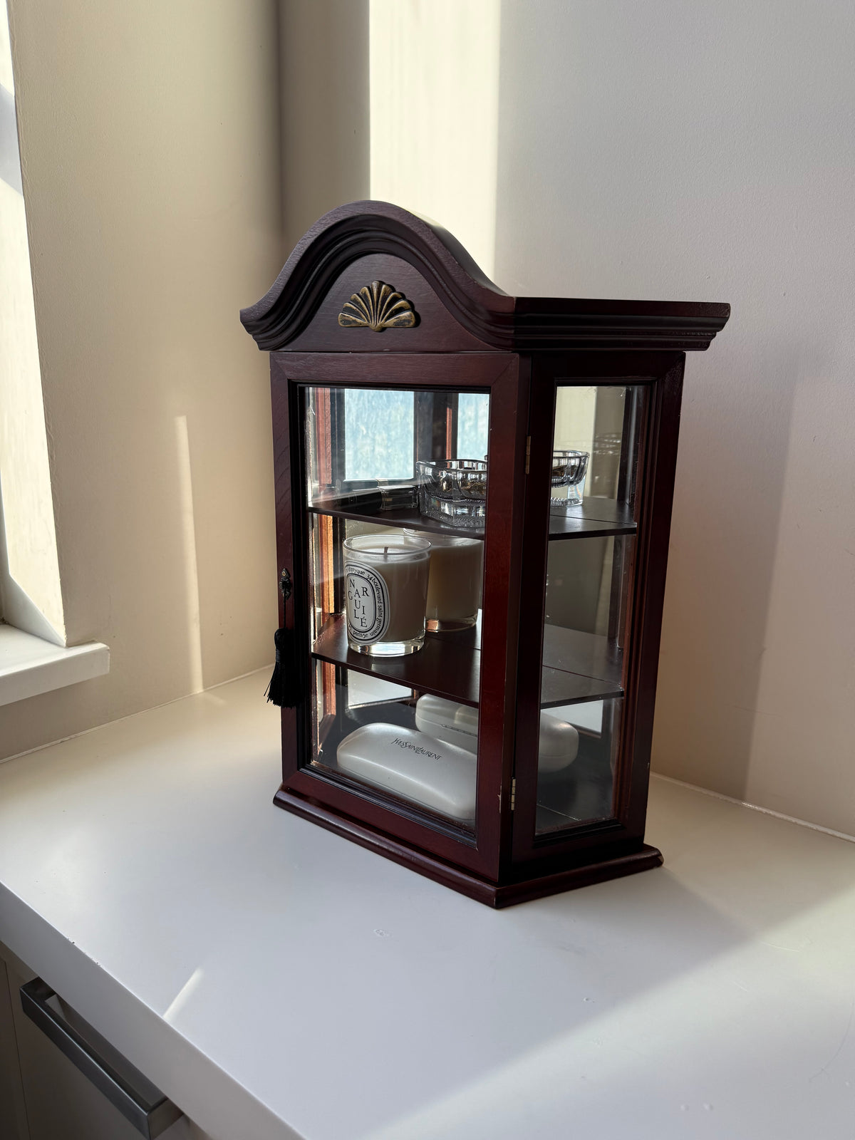 Vintage Mahogany Glass Curio Cabinet with Mirrored Back