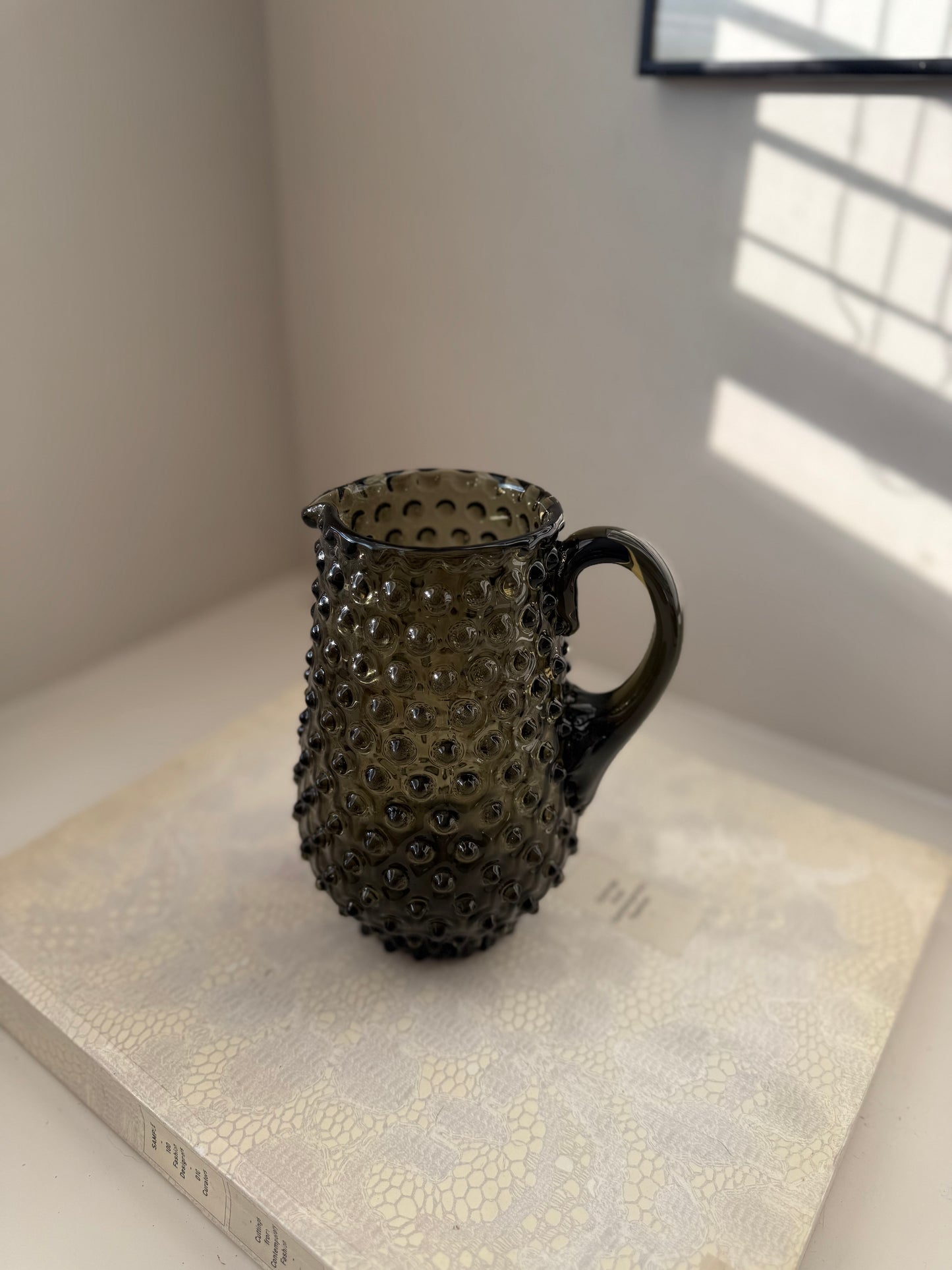 Vintage Smoky Glass Hobnail Pitcher