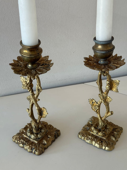 Pair of Antique Ornate Brass Grape & Vine Candlestick Holders