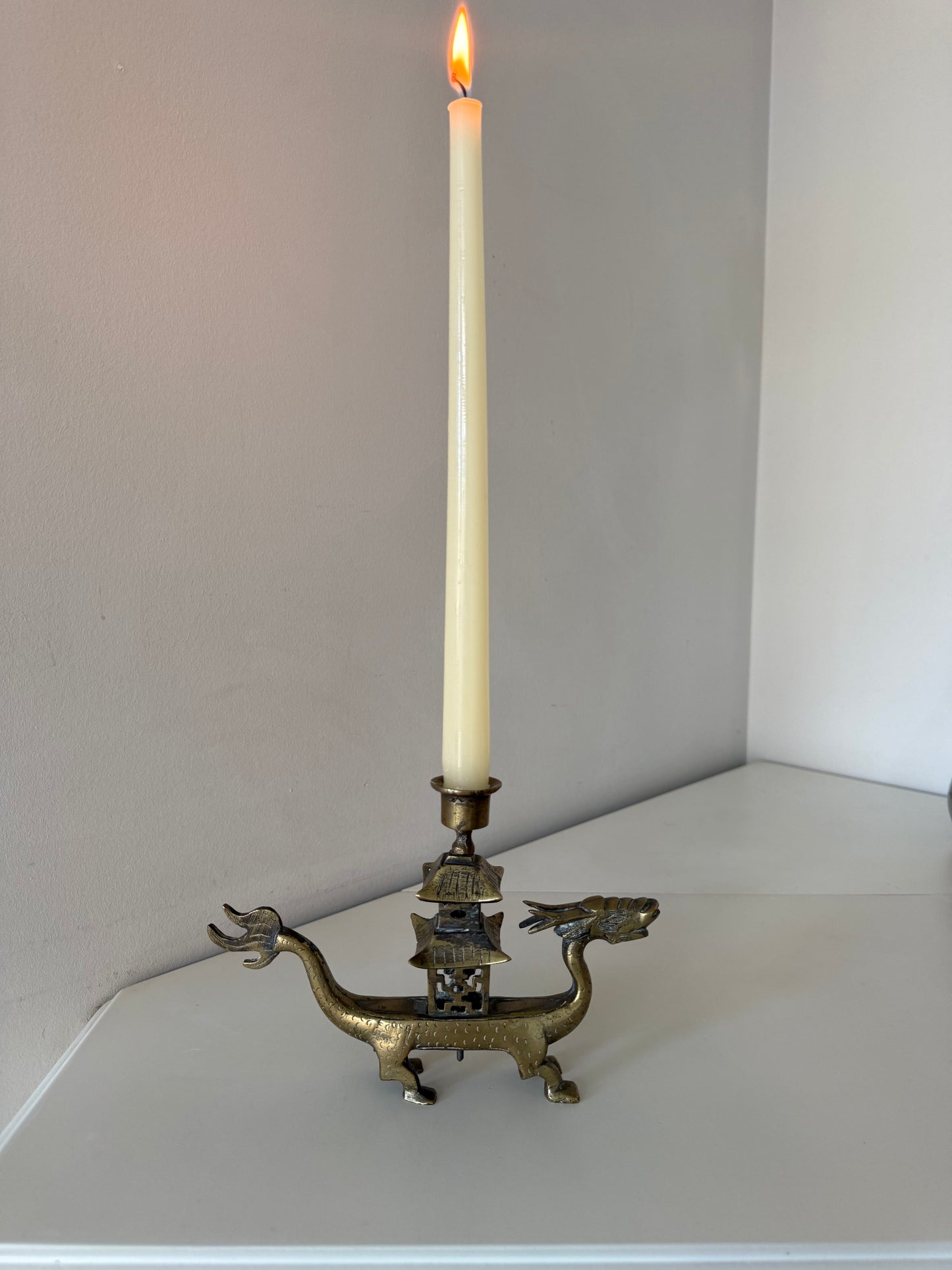 Vintage Chinoiserie Brass Dragon Boat & Pagoda Candlestick