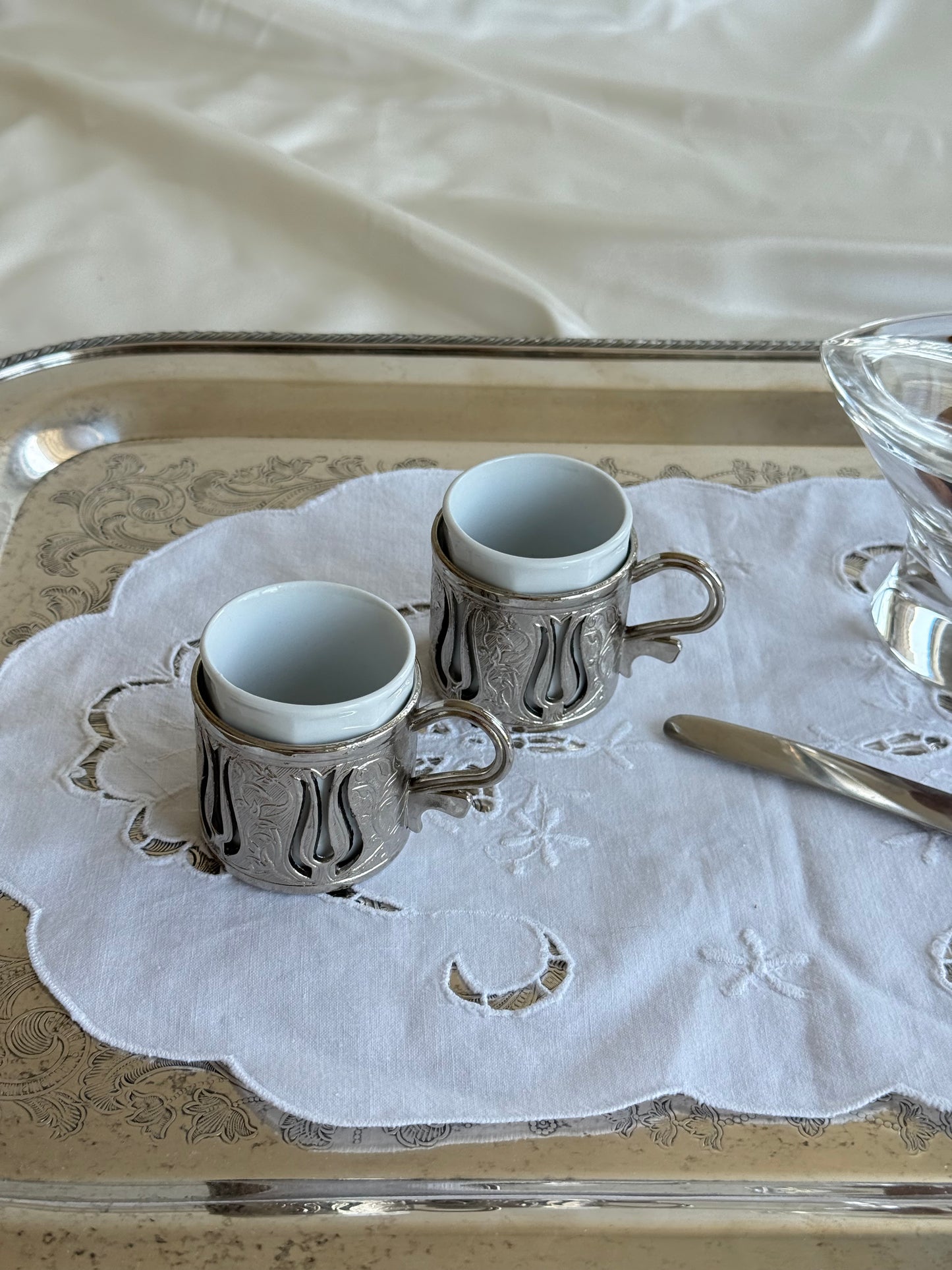 Vintage Turkish Demitasse Cups with Porcelain Insert