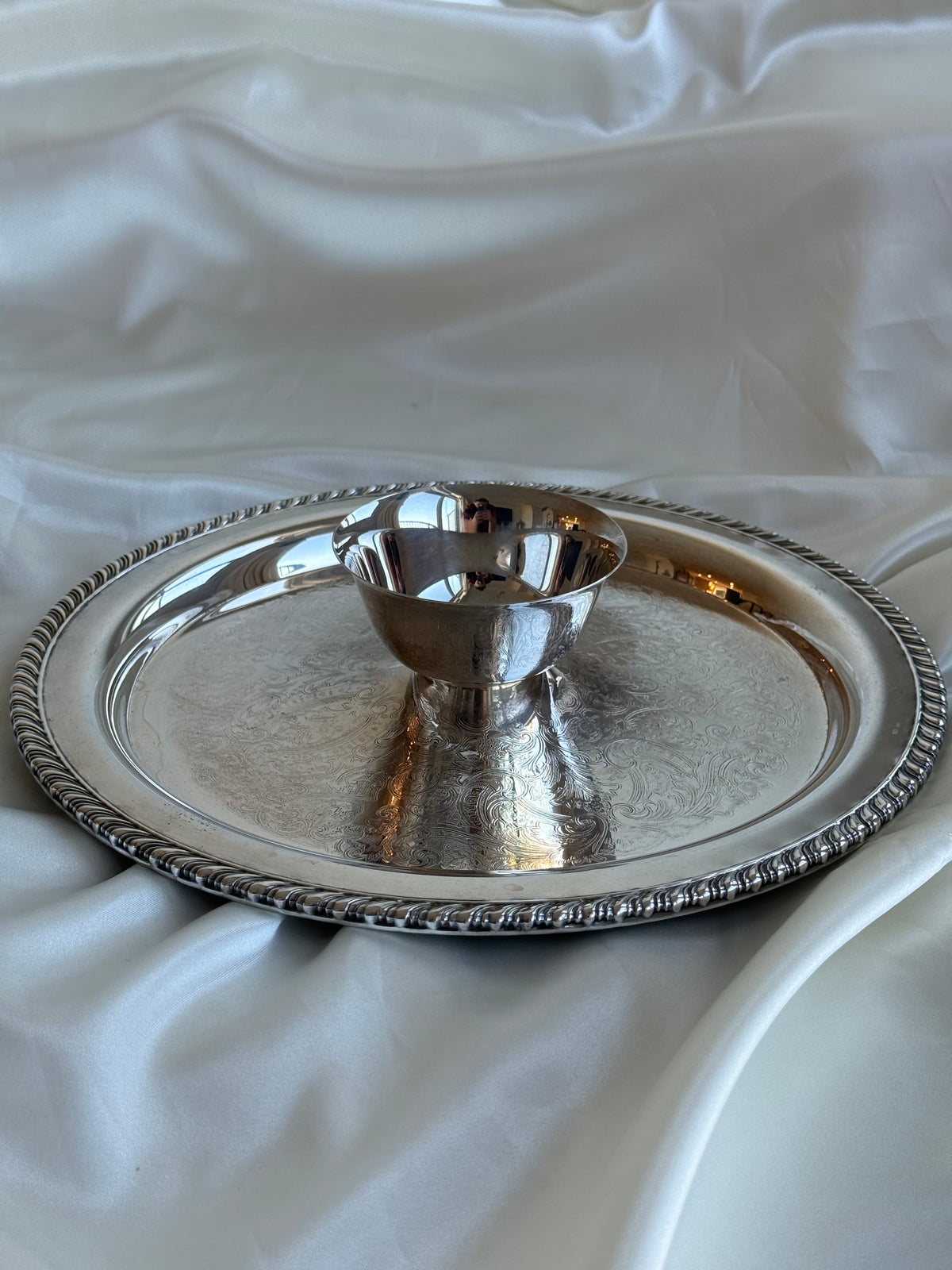 Vintage Silver-Plated Serving Tray with Central Dip Bowl