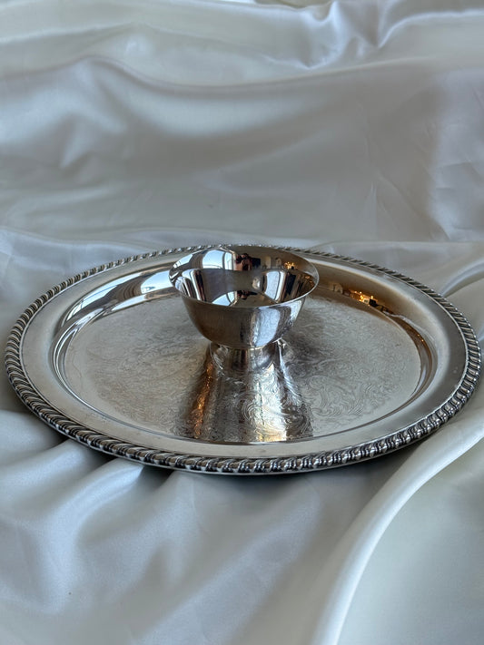 Vintage Silver-Plated Serving Tray with Central Dip Bowl